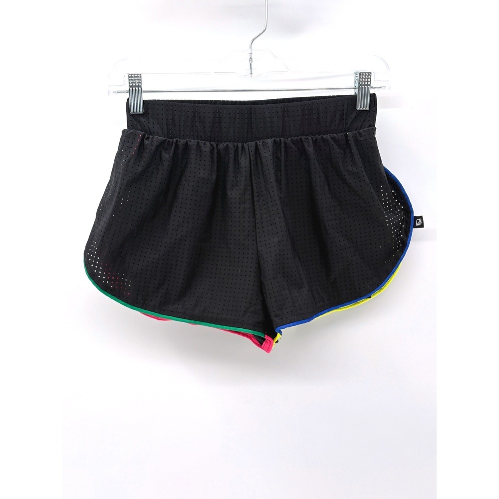 Terez Shorts Women Size XS Black Rainbow‎ Piping Mesh Neon Trim Active Running